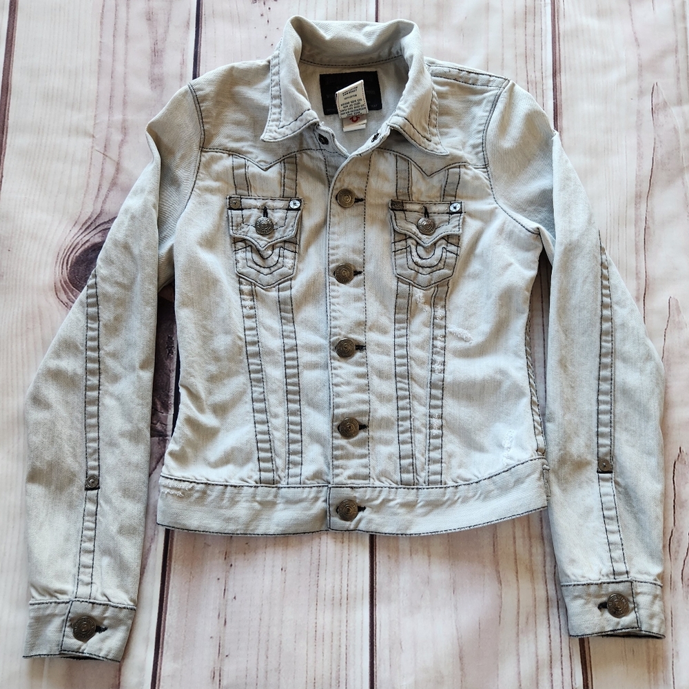 True Religion "Jimmy Rigid" Denim Jean Jacket Distressed Grey | Women's Size XS